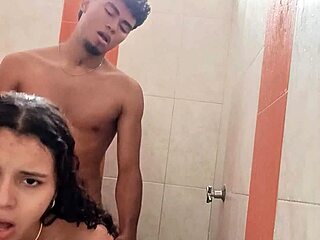skinny colombian amateur interrupted in bath for bareback pussy fuck by black guy