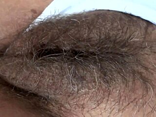 stepmom's thick pubic hair pokes from panties as she flashes beaver excitedly