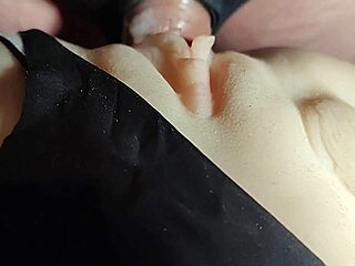 Pulling aside cute panties reveals shaved pussy ready for intense fucking