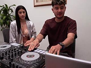 dj sexy in lingerie greets student then rides his big cock cowgirl till out of control