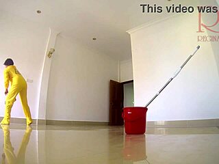 Adorable curvy housewife maid strips panties nude to fuck boss in kinky office cleaning