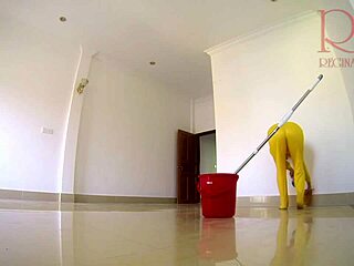 Adorable curvy housewife maid strips panties nude to fuck boss in kinky office cleaning