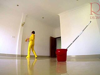 Adorable curvy housewife maid strips panties nude to fuck boss in kinky office cleaning