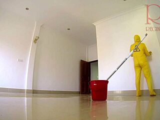 Adorable curvy housewife maid strips panties nude to fuck boss in kinky office cleaning