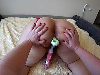pov girlfriend straps dildo toys into hairy bbw lesbian's big ass pussy doggystyle