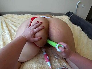 pov girlfriend straps dildo toys into hairy bbw lesbian's big ass pussy doggystyle