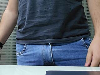 Muscular Bodybuilder Jerks Monster Cock At Office Almost Caught Public Flashing
