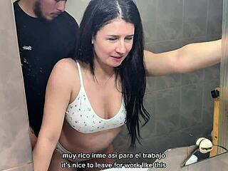 stepbrother catches petite latina in bathroom hints at sliding deep into her tight wet curves