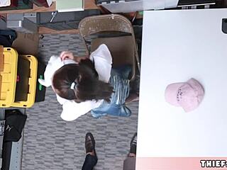 Petite shoplifter teen's cute small tits and pussy roughly doggystyle fucked by mall cop after burglar bust