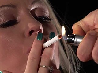 this beautiful blonde bitch smokes then deepthroats cum in stockings heels