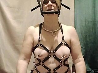 My French maid slave submits in harness for outdoor vibrator torment