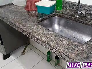 Neighbor fixes Anicole Romanoff's faucet then fucks kitchen bed