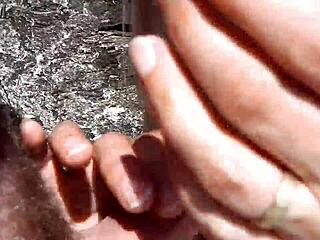 Piss and spunk splash across sandy beach in outdoor housewife adventure