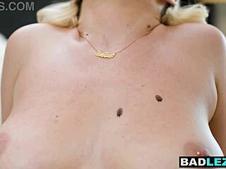 luscious hairy milf rubs big new tits on lesbian lover's strapon