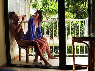 Janitor pounds busty babe on public balcony creampie