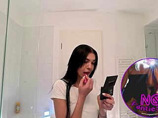 hey, check out this sexy slim brunette flashing her tight pussy in bathroom?
