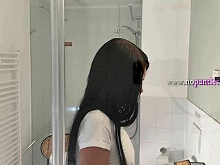 hey, check out this sexy slim brunette flashing her tight pussy in bathroom?