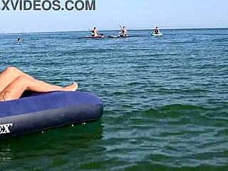 She strolls nude beach showing big tattooed boobs glasses blonde bitch public