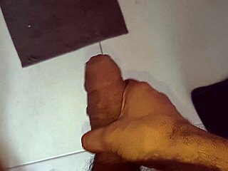 Old amateur husband strokes cock close-up in bathroom for cuckold solo play