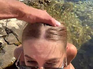 Risky Beach Blowjob Tempts Boyfriend into Sloppy Deepthroat Cumshot