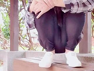 hey tingt ing 😈 midday sissy crossdresser pees outdoors in stockings wild! 🔥💦