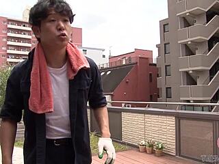 hot japanese housewife can't resist riding cock cowgirl when she sees guy lying there