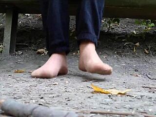 german amateur lifts shoes and nylon feet for dirty outdoor forest voyeur