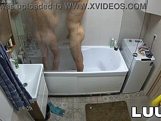 luuv esteban and foxy shower flashing her nice natural tits