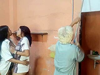 Lesbian babes scissor squirt fingering in front of shocked painter