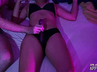 Horny couple tests vibrating dildo masturbating together cumming in wife's panties