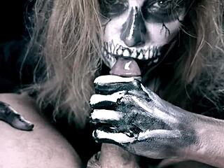 skeleton girl in halloween horror parody slurps cock to hardcore cumshot