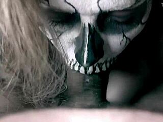 skeleton girl in halloween horror parody slurps cock to hardcore cumshot