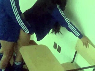 classmate bends cute latina student over desk for classroom pounding