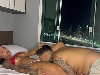 Muscular ebony milf wakes to sloppy oral then rides hard tattooed cock
