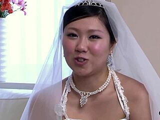 Asian bride in wedding dress fingers hairy pussy for sneaky visitor