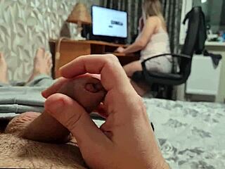 my stepmom's at the computer in my room i whip out my huge throbbing cock she watches me stroke it then sucks hard
