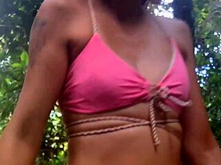 skinny african brunette gives risky public handjob on beach trail pov