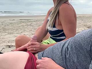 Stop jerking my huge cock here on public beach before anal creampie milf!