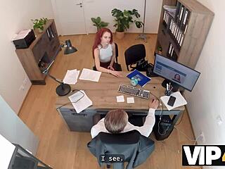 naughty redhead sirena milano rides cock wild on office desk in vip4k casting fuck