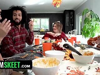 girls, share this cock at thanksgiving lunch? hot foursome orgy starts