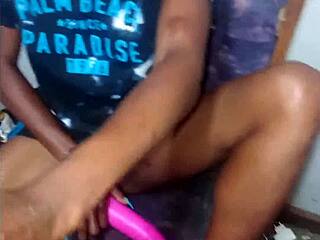 wanna see this sexy petite black whore tease her tight pussy with vibrator on chair in purple heels?