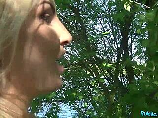 Public agent Georgie Lyall strips naked for outdoor public sex with cum on tits