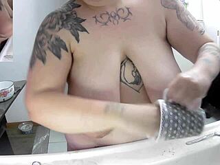 Chubby brazilian bbw housewife flashes huge saggy tits naked while doing dishes