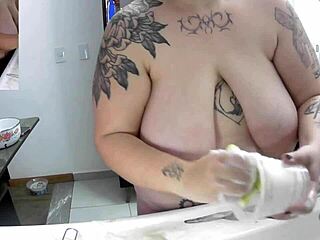 Chubby brazilian bbw housewife flashes huge saggy tits naked while doing dishes
