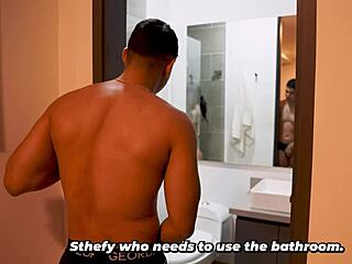 muscular dude pranks colombian stepsis big ass shower steal towel leads bedroom fuck