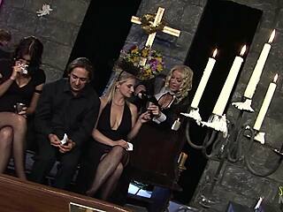 at church, tattooed milfs in stockings and heels with fake tits ride cocks in big boobed foursome orgy