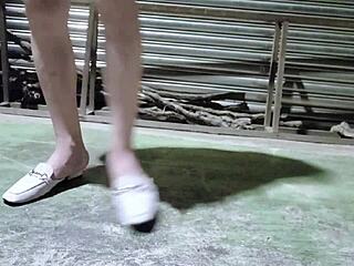 taiwanese crossdressing shemale pees roadside then jerks off with toy