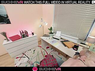 cute skinny blonde miss kapriz slurps and rides cock hungrily in vr office