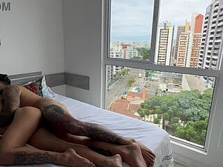 muscular latina babysitter rides tattooed bodybuilder's big ass in girlfriend's apartment