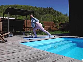 Neighbor Catches Petite Blonde's Poolside Yoga Tease And Joins For Creampie Quickie